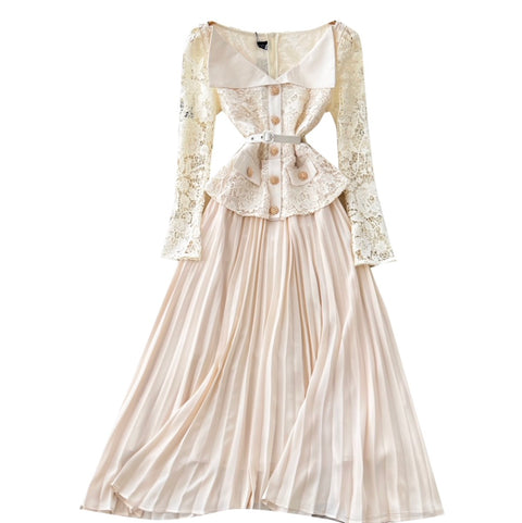 Lapeled Lace Patchwork Pleated Dress