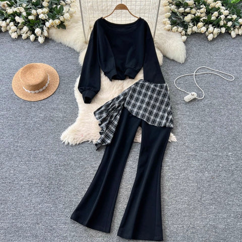 Sweatshirt & Plaid Flared Trousers 2Pcs