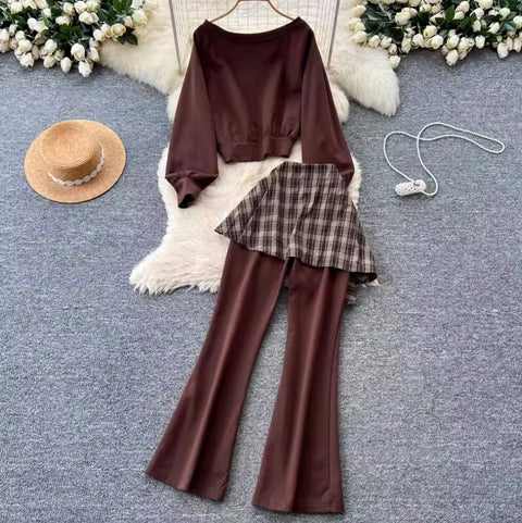 Sweatshirt & Plaid Flared Trousers 2Pcs