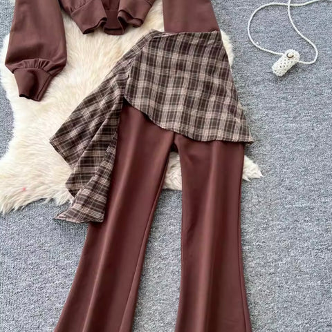 Sweatshirt & Plaid Flared Trousers 2Pcs