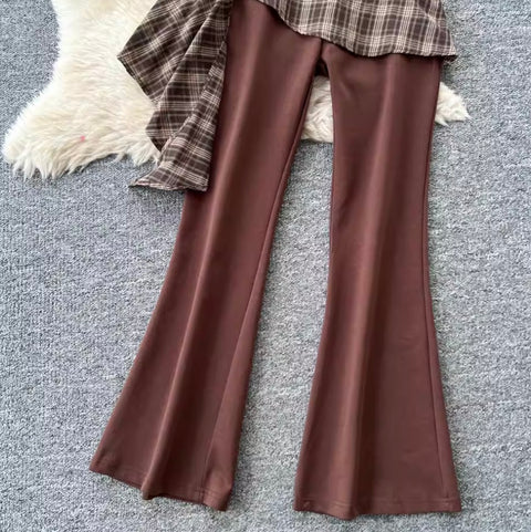 Sweatshirt & Plaid Flared Trousers 2Pcs