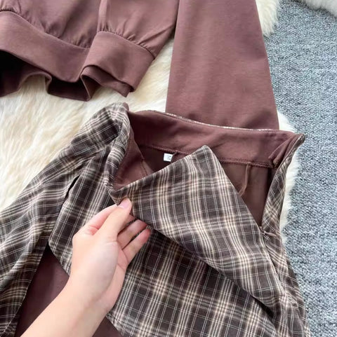 Sweatshirt & Plaid Flared Trousers 2Pcs