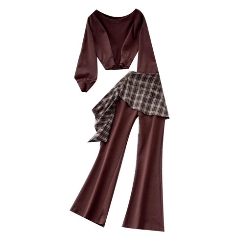 Sweatshirt & Plaid Flared Trousers 2Pcs