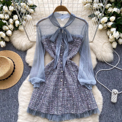 Houndstooth Mesh Patchwork Dress