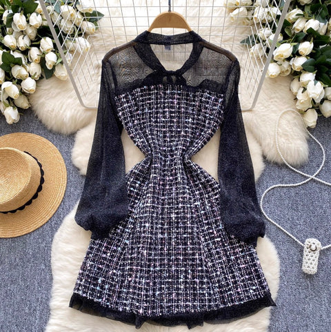 Houndstooth Mesh Patchwork Dress