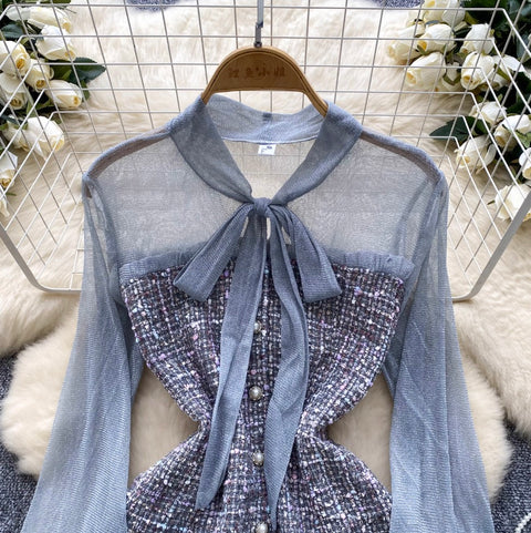 Houndstooth Mesh Patchwork Dress