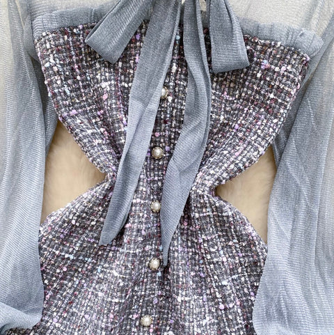 Houndstooth Mesh Patchwork Dress