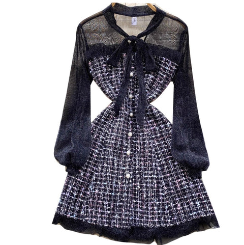 Houndstooth Mesh Patchwork Dress