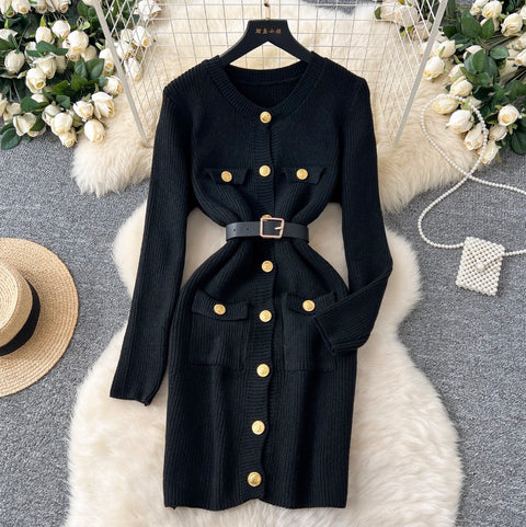 Round Collar Cardigan Dress with Belt