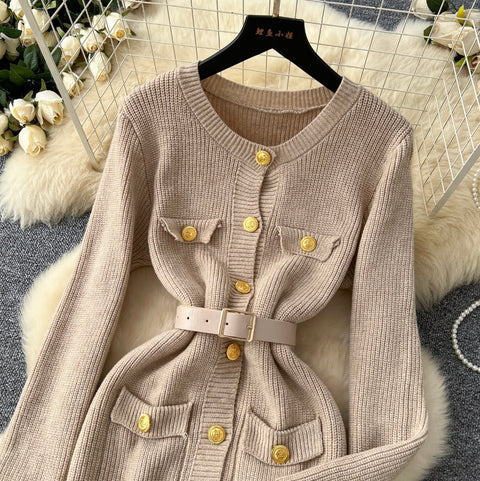 Round Collar Cardigan Dress with Belt