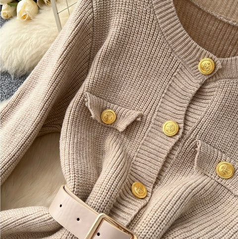Round Collar Cardigan Dress with Belt