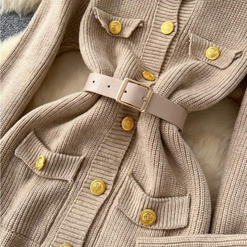 Round Collar Cardigan Dress with Belt
