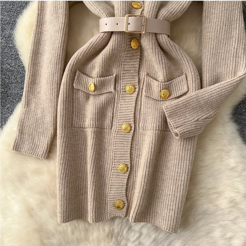 Round Collar Cardigan Dress with Belt