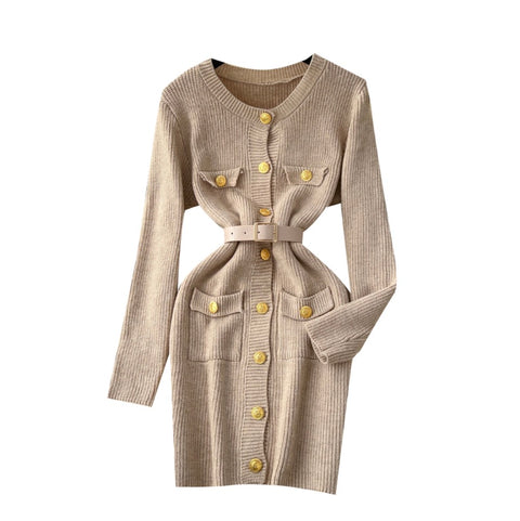 Round Collar Cardigan Dress with Belt