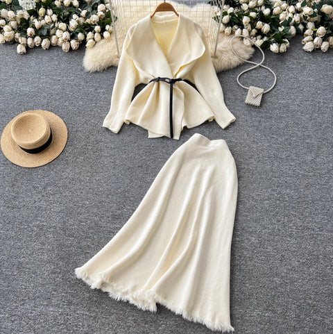 Lapeled Cardigan & Fringed Skirt 2Pcs