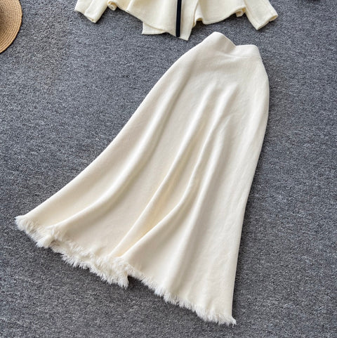 Lapeled Cardigan & Fringed Skirt 2Pcs