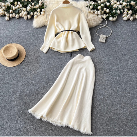 Lapeled Cardigan & Fringed Skirt 2Pcs