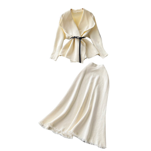 Lapeled Cardigan & Fringed Skirt 2Pcs