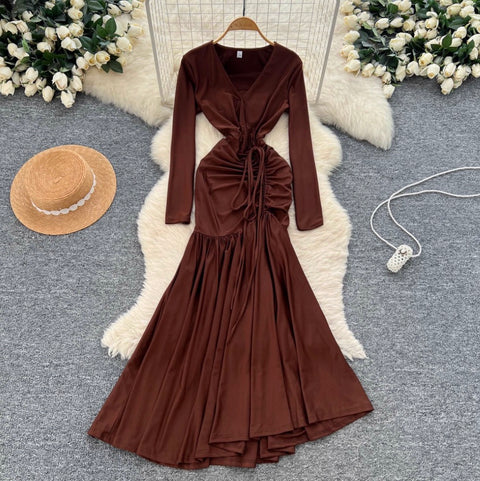 V-neck Drawstring Ruffled Dress