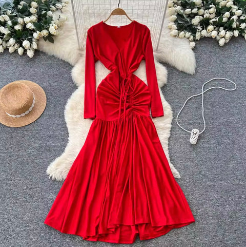 V-neck Drawstring Ruffled Dress
