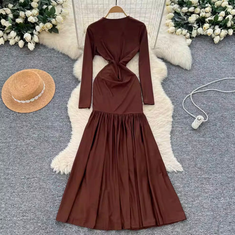 V-neck Drawstring Ruffled Dress