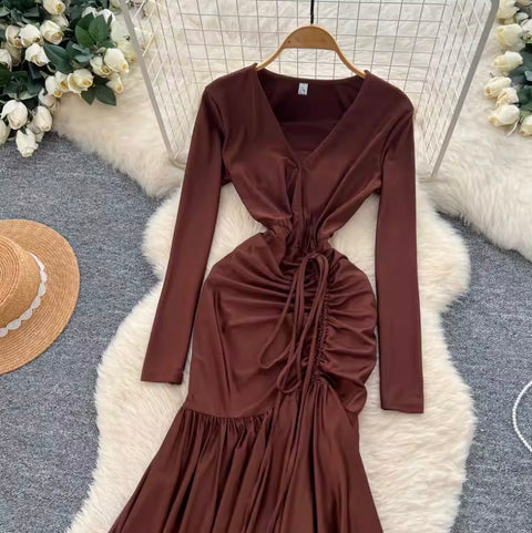 V-neck Drawstring Ruffled Dress