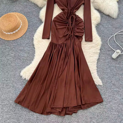 V-neck Drawstring Ruffled Dress