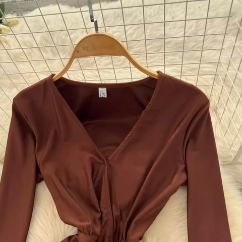 V-neck Drawstring Ruffled Dress