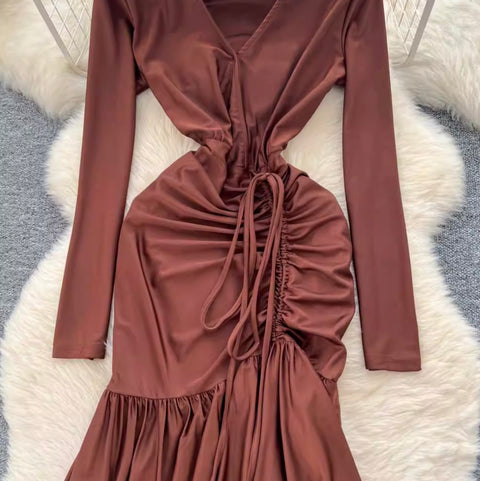 V-neck Drawstring Ruffled Dress
