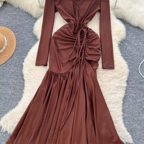 V-neck Drawstring Ruffled Dress