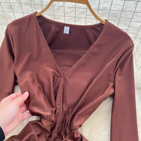 V-neck Drawstring Ruffled Dress