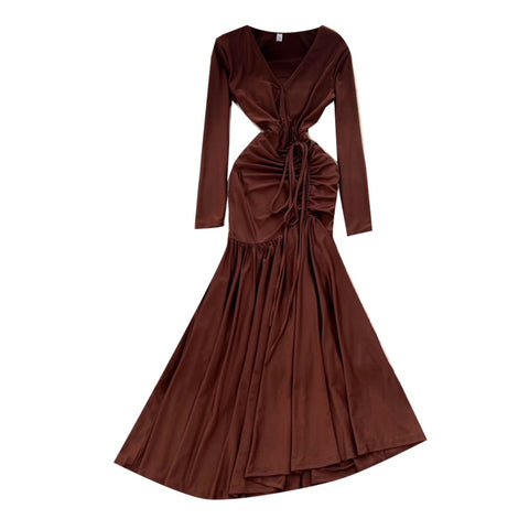 V-neck Drawstring Ruffled Dress