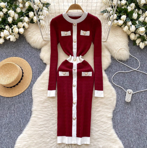 Round Collar Single-breasted Knit Dress