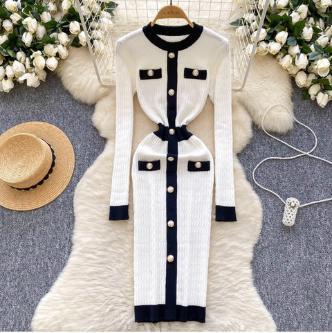 Round Collar Single-breasted Knit Dress