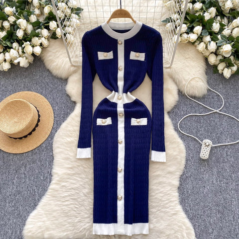 Round Collar Single-breasted Knit Dress