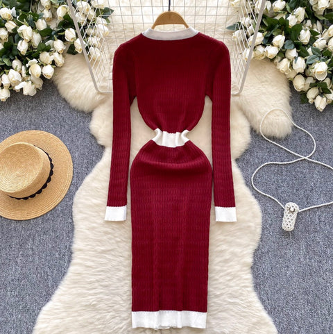 Round Collar Single-breasted Knit Dress