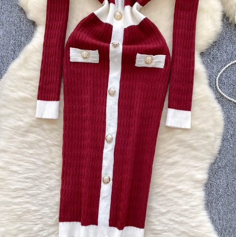 Round Collar Single-breasted Knit Dress