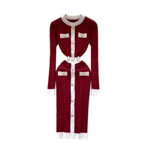 Round Collar Single-breasted Knit Dress