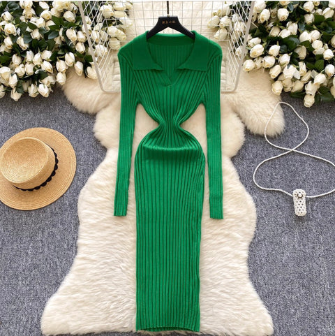 Simple Design Lapeled Knitted Dress