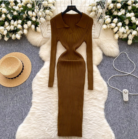 Simple Design Lapeled Knitted Dress
