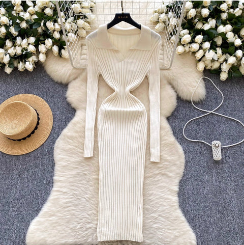 Simple Design Lapeled Knitted Dress