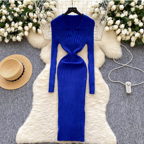 Simple Design Lapeled Knitted Dress
