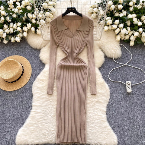 Simple Design Lapeled Knitted Dress