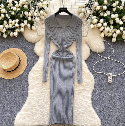 Simple Design Lapeled Knitted Dress