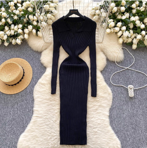 Simple Design Lapeled Knitted Dress