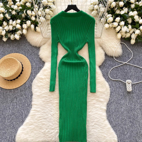 Simple Design Lapeled Knitted Dress