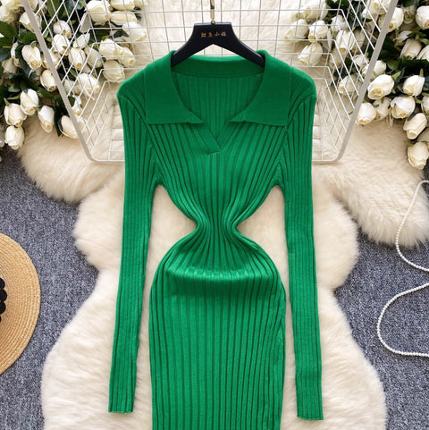 Simple Design Lapeled Knitted Dress