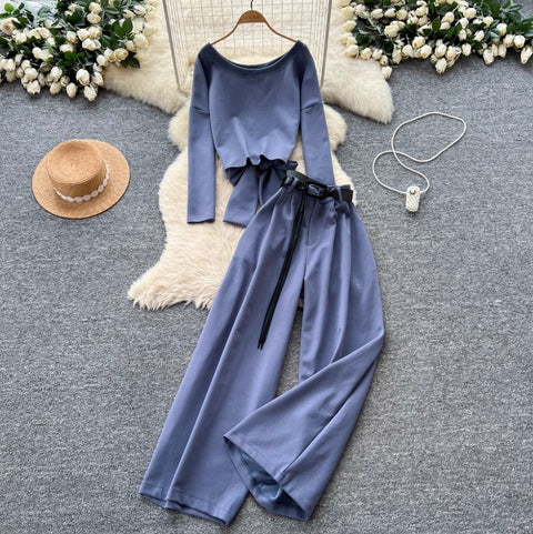 Back Hollowed Top & Trousers Casual 2Pcs