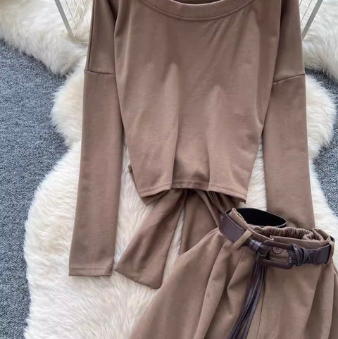 Back Hollowed Top & Trousers Casual 2Pcs