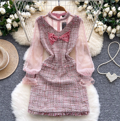 Bow-tie Pink Mesh Patchwork Dress